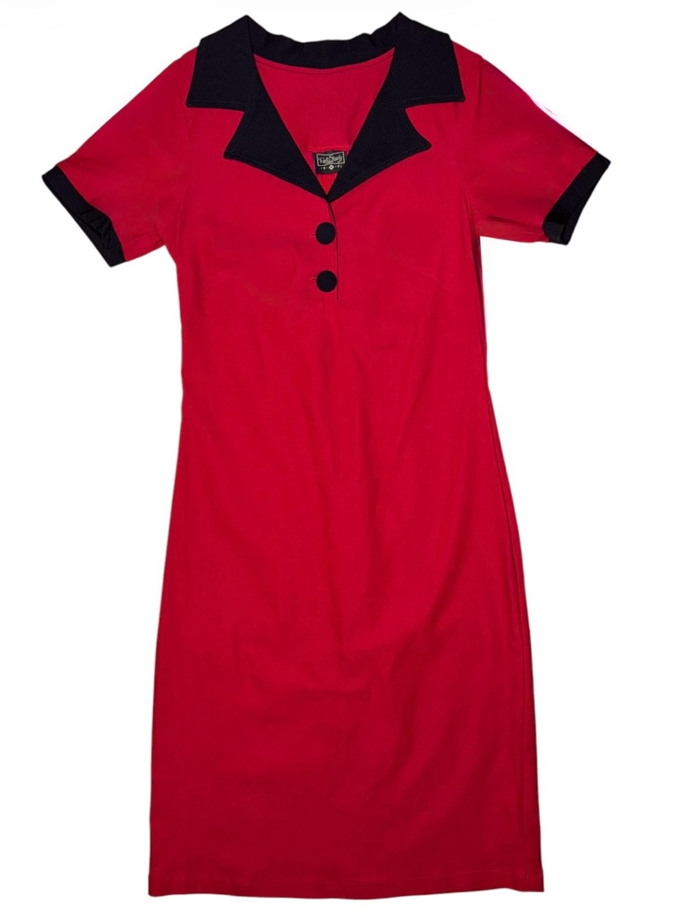 RockSteady Red Retro Rockabilly Pinup Wiggle Dress with Black Collar and Buttons
